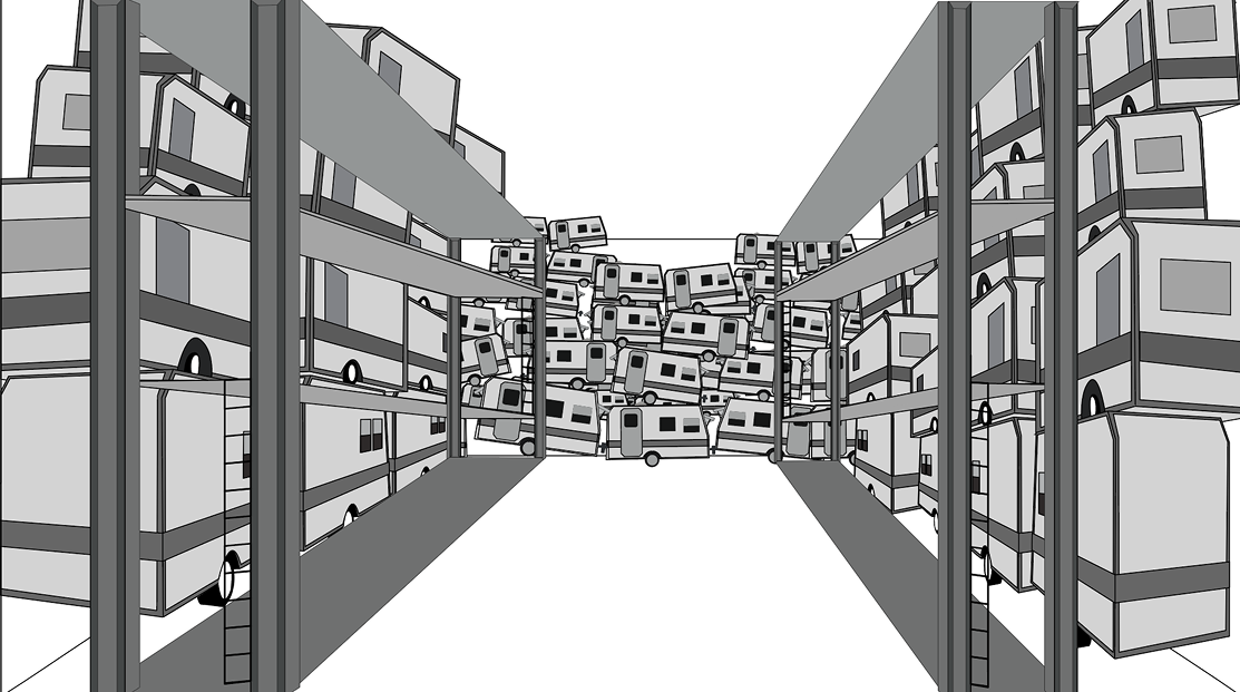 Wireframe du monde VR — vue perspective des Stacks